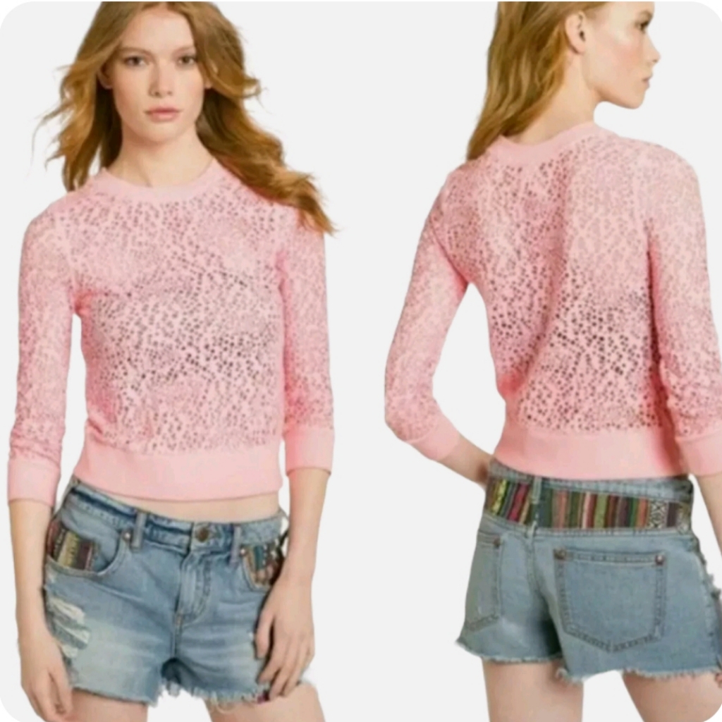 We The Free Size Medium Pink Perforated Open Knit 3/4 Sleeve Crewneck Sweater